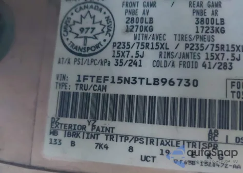 1996 Ford F150 from USA, damaged, VIN 1FTEF15N3TLB96730